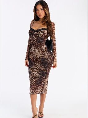 Fashion Nova Leopard Print Midi Dress with Lace Trim